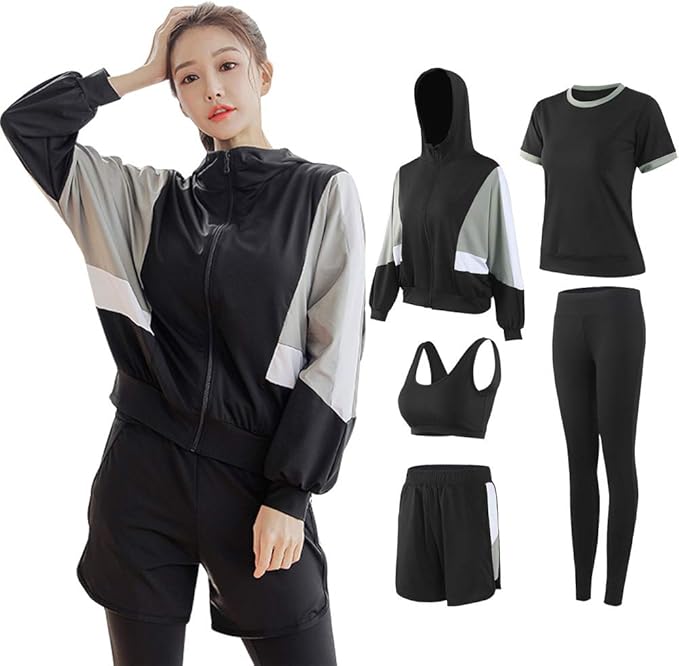 Amazon スポーツウェア レディース ヨガウェア トレーニングウェア ランニングウェア 上下 5点セット フィットネス ジャージ スポーツブラ ロングタイツ パーカー 半袖 短パンツ 伸縮性 吸汗速乾 ジャージ上下セット 通販