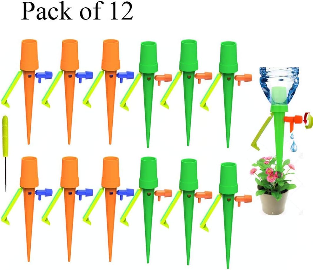 DANALLAN [Upgraded Version 12PC Vacation Watering Plants Water Spikes - Automatic Drip Irrigation with Slow Release Control Valve Switch and Bracket for Indoor Outdoor, Fit for Most Bottles