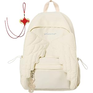 Angel Wings Backpack for Women, Practical Nylon Bag with Zipper (Beige) | Cute Daypack with Wings | Kawaii Sweet Coquette Fun
