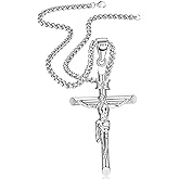 BESTEEL Sterling Silver Crucifix Necklace for Men Women - Men's Silver Crucifix Pendant Necklace with Stainless Steel Rope Chain Catholic Baptism Jesus Cross Necklace Jewelry Christian Baptism Gifts