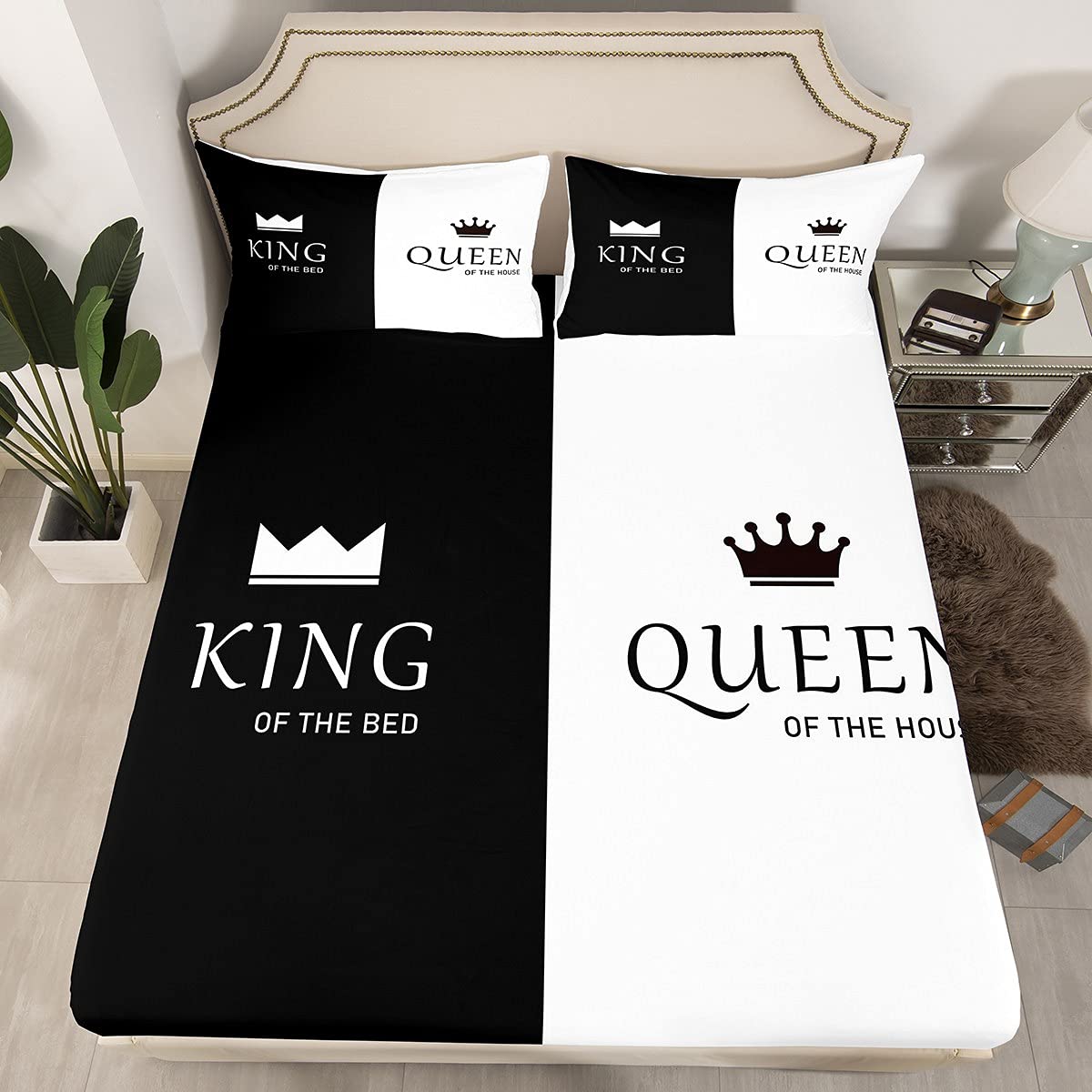 Loussiesd Crown Queen and King Bedding Set His and Hers Matching Couple Fitted Sheet & Pillow Sham Set Lover Romantic Valentine's Day Presents Bed Sheet Set Black White Bed Cover No Flat Sheet Double
