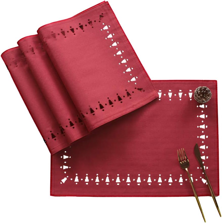 LAVIN Christmas Placemats Set of 4,Non-Slip Hollow Trees Table Mats for Dining Table,Double Layer Heat Resistant,Durable Place Mats for Thanksgiving,Weddings,Party,Everyday Use,Red,13x19 Inch