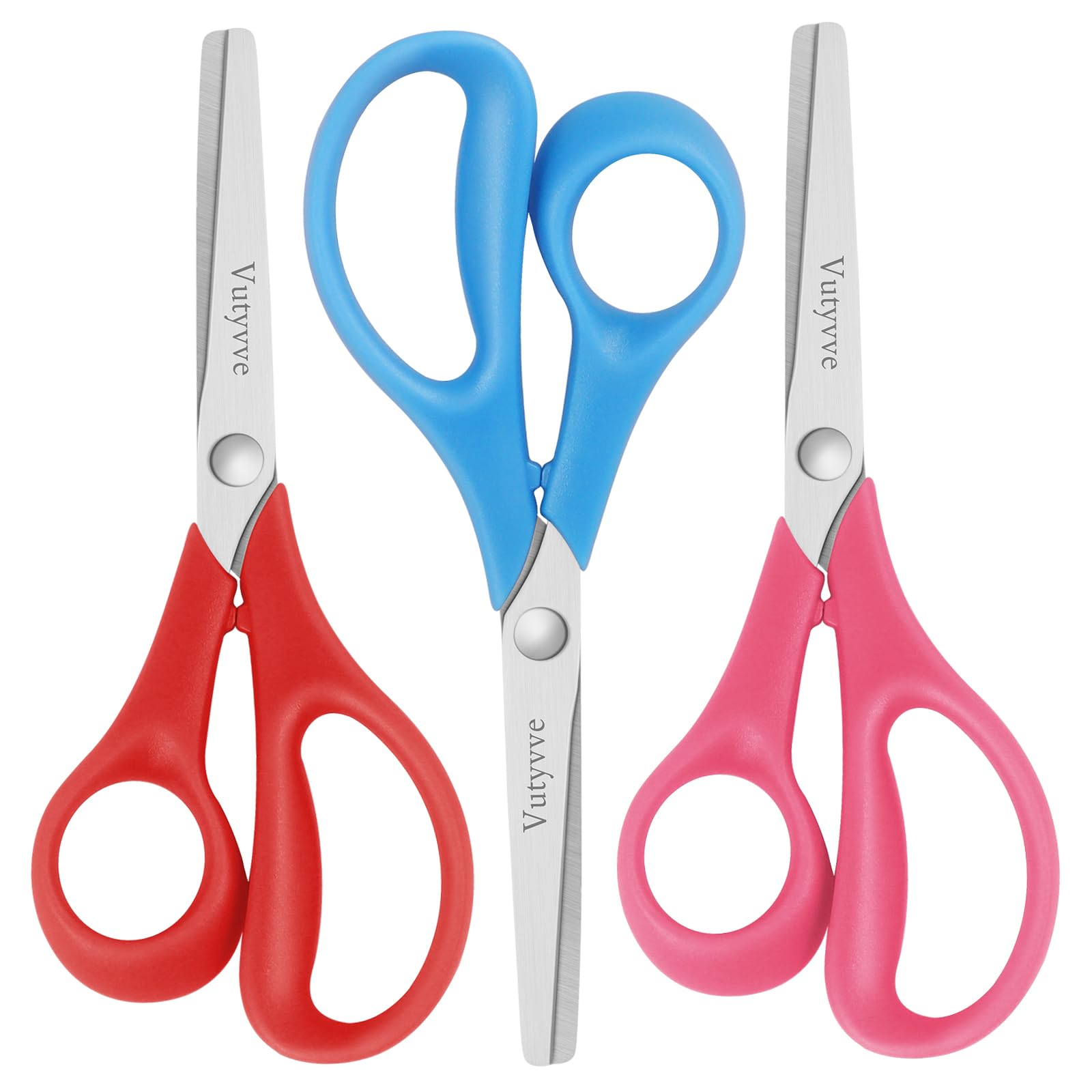 Vutyvve Left Handed Kids Scissors, Safe Children's Scissors with Blunt Stainless Steel Blades for Children 3-5 Years and Older for Use at School and at Home, Red, Pink and Sky Blue, 3 Pieces
