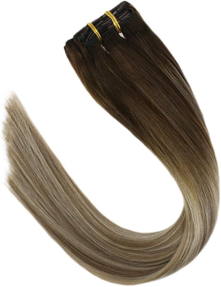 VeSunny 24inch Clip on Extensions Human Hair Ombre Balayage Color #4 Rooted to #14 Mix #60 Platinum Blonde Brazilian Remy Clip in Extensions Double Weft Remy Human Hair 7pcs/120g