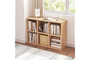 NELYE 6 Cube Organizer Bookcase - Fabric Storage Bins Container, Open Shelf Simple Compartments Bookshelf, Oak