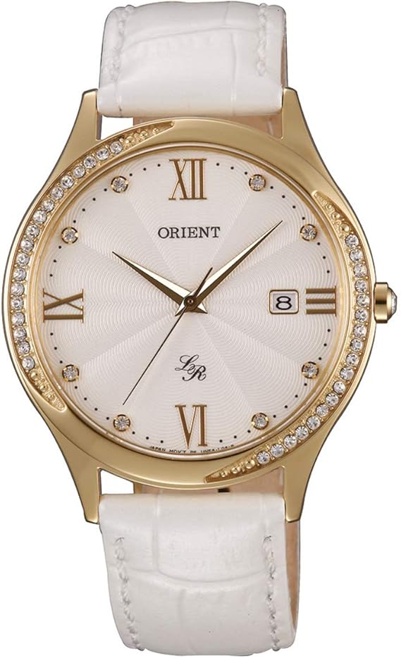 Orient modern ladies watch with real leather strap rhinestone gold