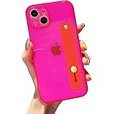 siduater Strap Case for 6.7" iPhone 14 Plus with Wrist Strap Kickstand, Shockproof Translucent PC Back Cover + Soft TPU Bumper with Adjustable Hand Grip Loop for iPhone 14 Plus 6.7 Inch, Neon Magenta