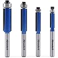 Newdeli 4Pcs Flush Trim Router Bit Set 1/4 Inch Shank - Bearing Dia. 1/4", 5/16", 3/8", 1/2" - Top Bearing 2-Flute Flush Trim