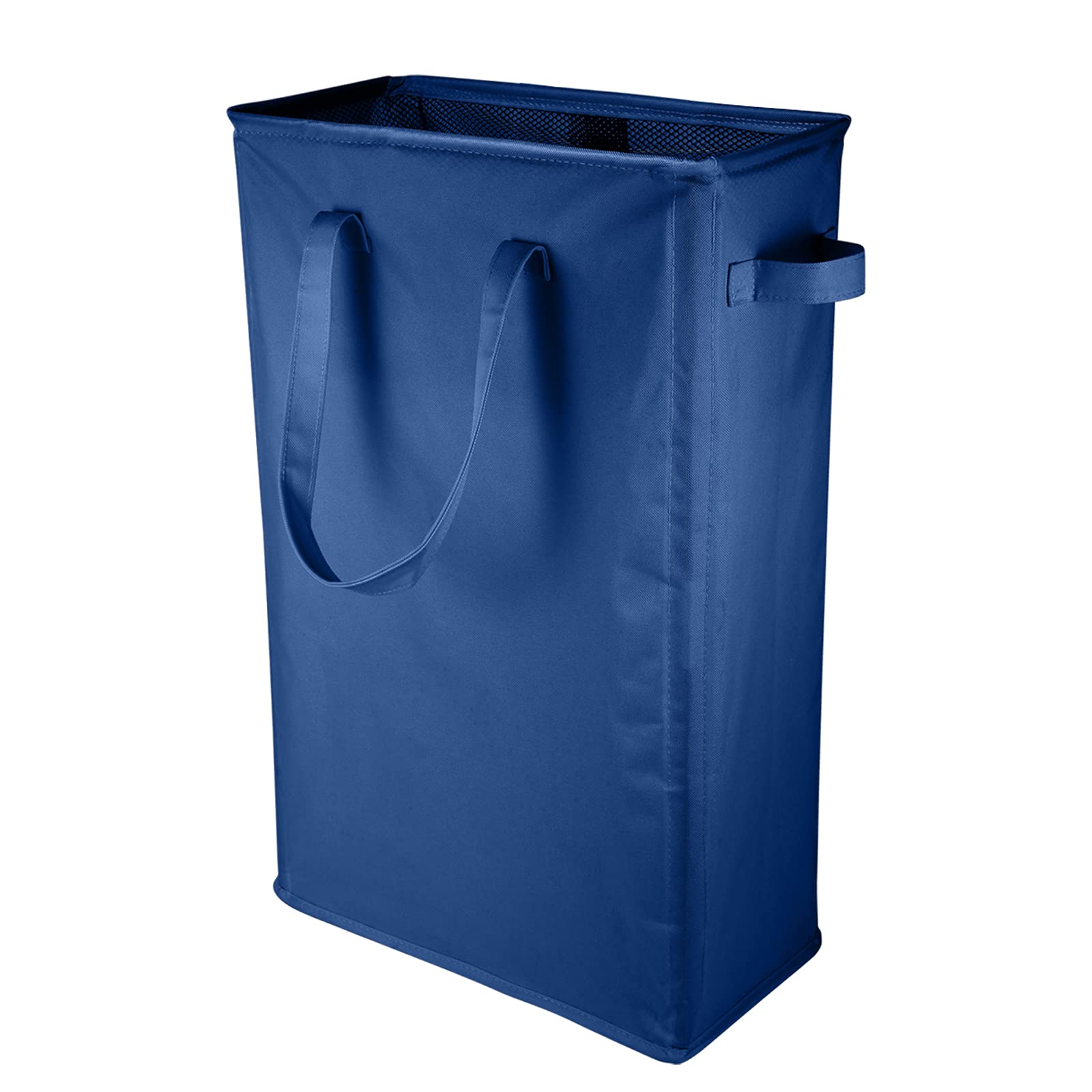 IHOMAGIC Slim Laundry Basket with Carry Handles, Collapsible Clothes Hamper Tall Rectangular Laundry Storage Bag with Breathable Mesh Cover, Foldable Laundry Washing Bin for Bathroom (45L, Navy Blue)