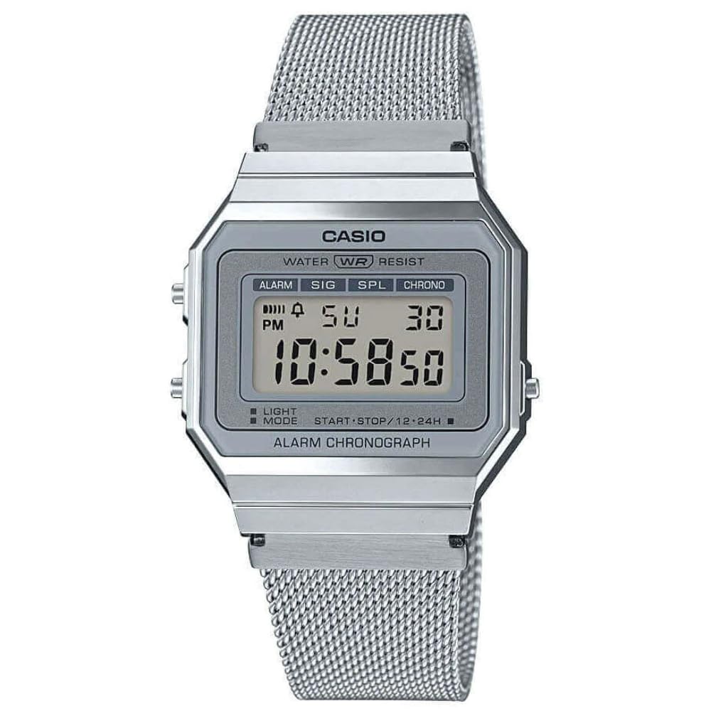 Casio Unisex 36.00mm Quartz Watch with LCD Digital dial and Silver Mesh Bracelet Strap A700WEM-7AEF