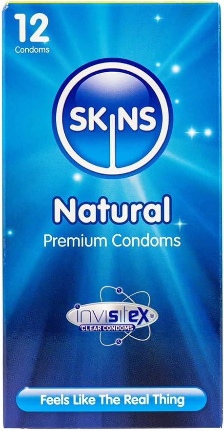 Skins Natural Condoms - Natural Latex Condoms Without The Smell, Extra Lubricated to Feel Like The Real Thing - Box of 12