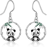 S925 Sterling Silver Panda Earrings Animal Cute Bear Earring Bamboo Green Circle Dangle Piercing Drop