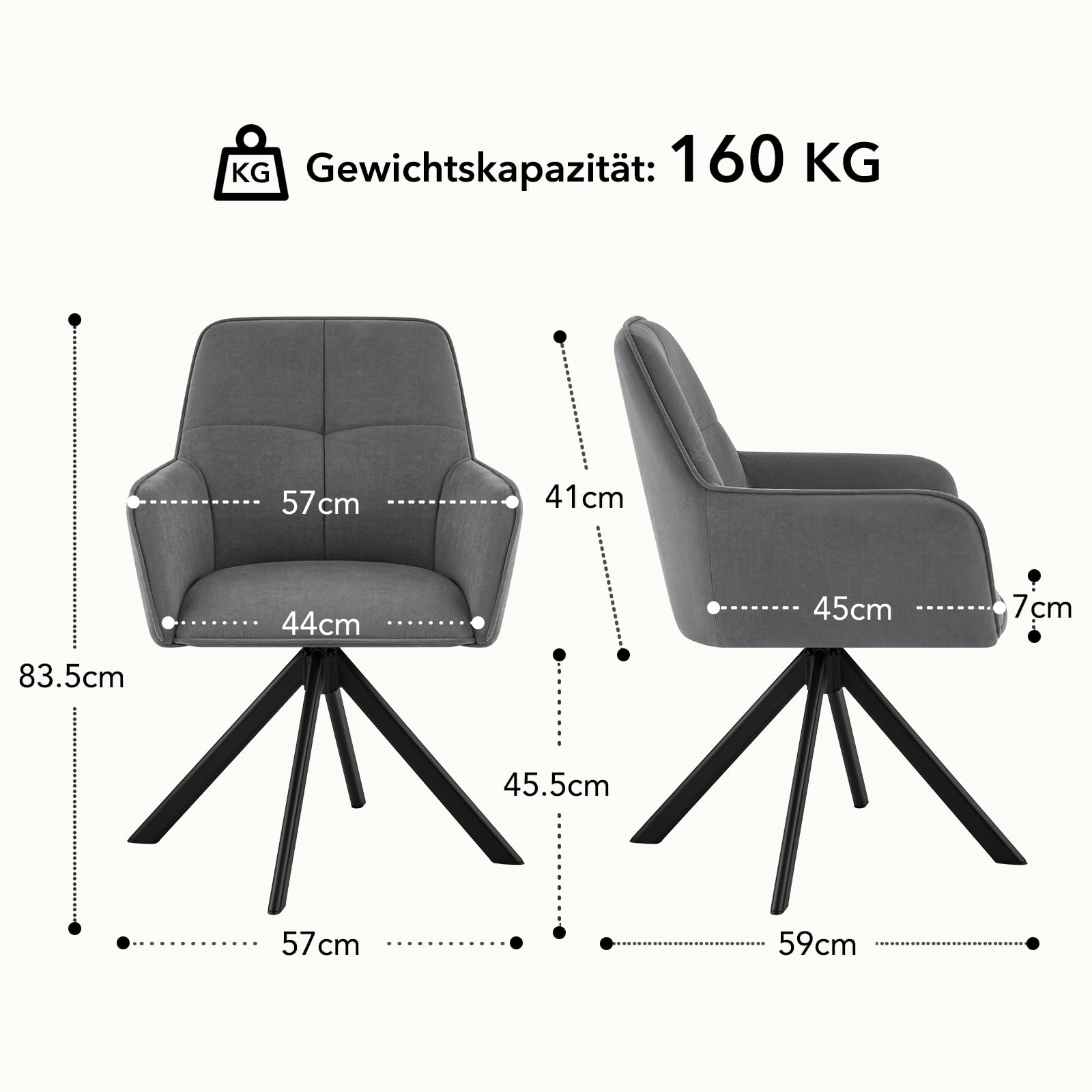 Ckaff Esszimmerstühle Drehbar 6er Set mit Armlehne, 360°Drehbar Polsterstuhl Samt Modern Drehstuhl Küchenstuhl mit Metallgestell und Rückenlehne für Esszimmer, Wohnzimmer, Büro, Dunkelgrau 7