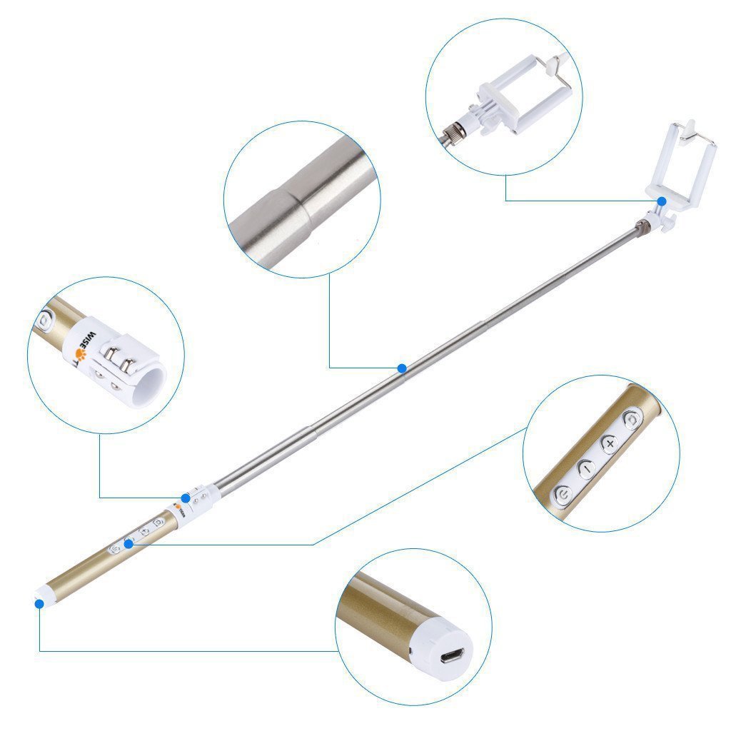 WISETIGER Bluetooth Selfie Stick with Wireless Remote Shutter and Telescopic Tripod for Iphone 6 6 Plus 6s Galaxy HTC IOS Android Gopro(Gold)
