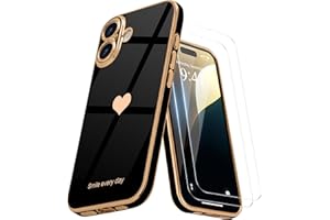 Teageo for iPhone 16 Case with Screen Protector [2 Pack] Girl Women Cute Girly Love-Heart Luxury Gold Soft Cover Camera Protection Silicone Shockproof Phone Case for iPhone 16, Black
