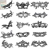 Gellwhu Women's Sexy Black Lace Venetian Masquerade Masks Halloween Party Pack of 15