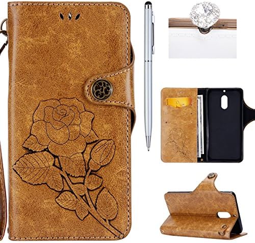 Felfy Wallet Flip Case for Nokia 6,Nokia 6 Lanyard Cover Case with Wrist Strap, Novelty PU Leather Bookstyle Folio Case with Embossed Rose Flower Design Pattern Vintage Bronze Leather Holster Case Magnetic Cloursure Stand Function Credit Card Slots Bumper Protective Cover for Nokia 6+ 1 Silver Stylus Pen + 1 Bling Anti-Dust Plug(Color is random).Rose Khaki