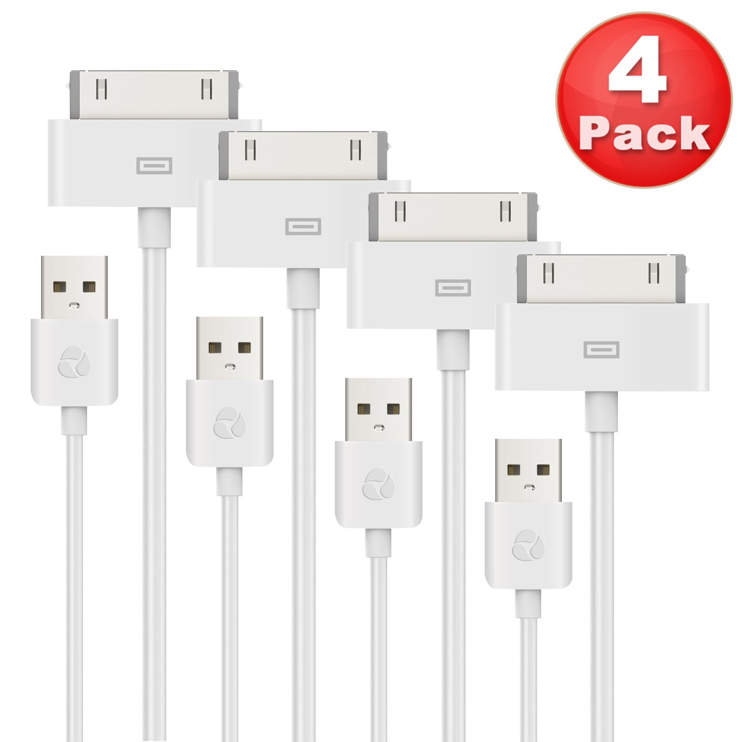Antopos 4 Pack Certified 30 Pin to USB Sync and Charging Cable for iPhone 4/4s, iPhone 3G/3GS, iPad 1/2/3, iPod Touch 1/2/3/4 (6 Feet / 2 Meters)