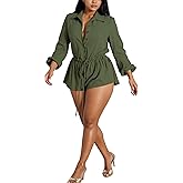 LETSVDO Women's Bubble Cargo Short Romper Long Sleeve Button Up Ruffle A Line Drawstring Ruched Casual Jumpsuit Overalls