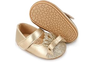 Clowora Infant Toddler Baby Girl Dress Shoes Mary Jane First Walking PU Leather Princess Wedding Rubber Sole Non-Slip with Bowknot Floral Flats