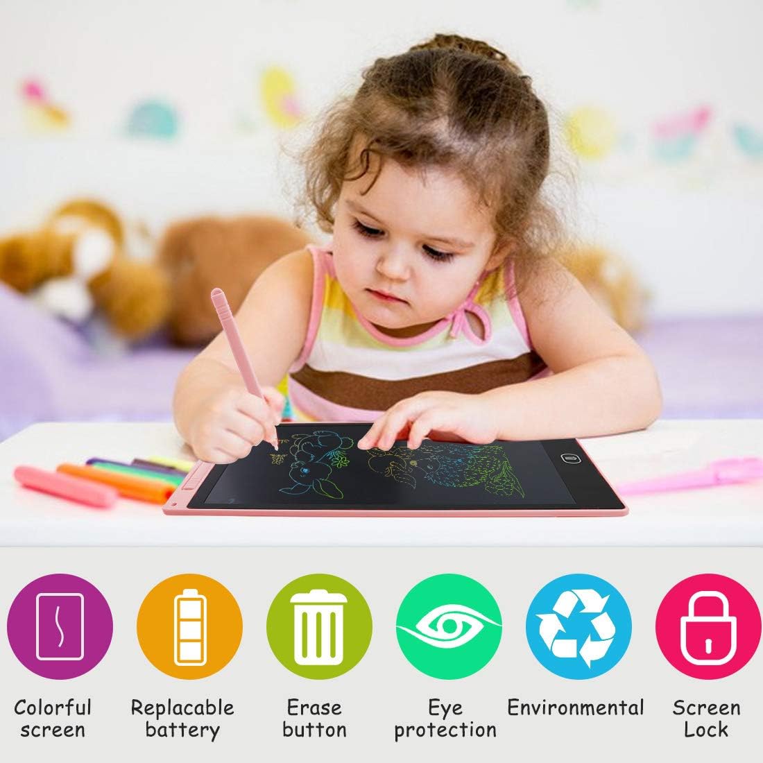JAMIEWIN 12 Inch LCD Writing Tablet, Colorful Drawing Doodle Board for Kids, Toddler Drawing Pad Writing Board for Kids, Christmas Birthday Gifts Toys for Boys Girls Home Office Memo Pink: Computers & Accessories