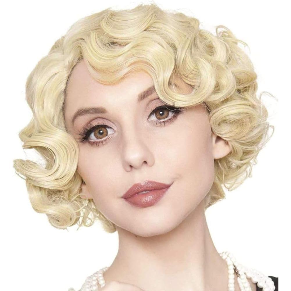Siudus Blonde 1920s Wigs for Women Finger Wave Wig Short Curly Synthetic Heat Resistant Fiber Hair Wig for 30s 50s Cosplay Costume Halloween Use — image 1