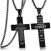 RWQIAN Football Cross Necklace for Men Bible Verse, Religious Faith Christian Scriptures Pendant Cross Chain, Baptism 1st First Communion Graduation Gifts for Boys Father's Day Jewelry for Him