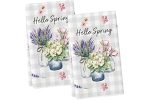 Artoid Mode Buffalo Plaid Lavender Vase Spring Kitchen Towels Dish Towels, 18x26 Inch Summer Tulips Flowers Holiday Decoration Hand Towels Set of 2