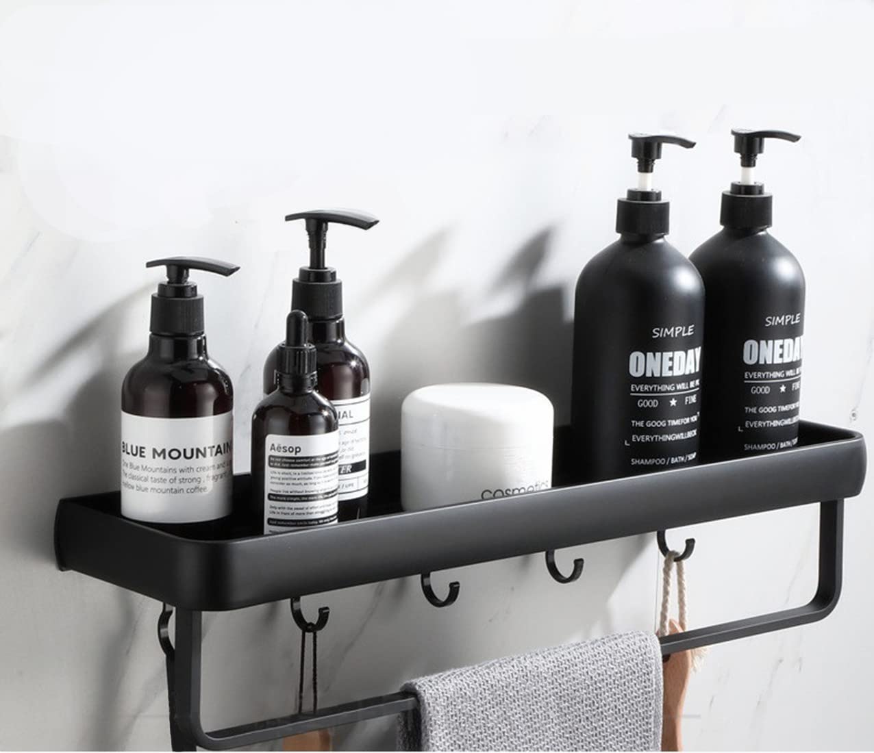 Modern Double Layer Bathroom Storage Shelves and One Towel Bar and 5 Moveable Hooks, Black Aluminum Towel Holders Towel Rack, Shower Storage Shelf for Bathroom Washroom or Kitchen (Black-40CM)