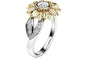 Lethez Women's Round Diamond Sunflower Rings Two Tone Silver Floral Ring Promise Wedding Engagement Jewelry