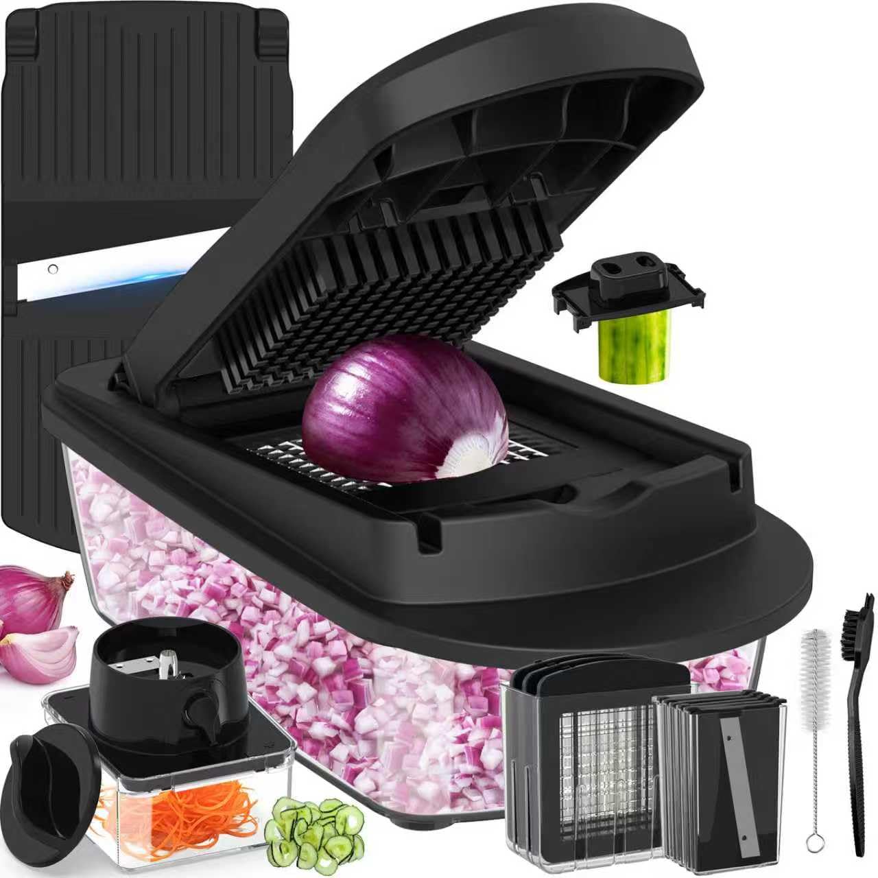 Photo 1 of 12 Blade All-in-1 Vegetable Chopper Mandoline Slicer with Container, Spiralizer with Contianers, Food Chopper, Onion Chopper, Veggie Cutter for Salad, Kitchen Gadgets Accessories Essentials, Black