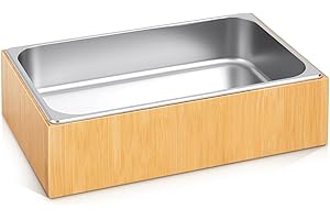 Honeydak 21 x 13 x 5.5 Inches Ice Housing Steel Ice Holder Bin with Removable Bamboo Tray Container for Display Buffets, Bar Counter, Party Drink Chiller