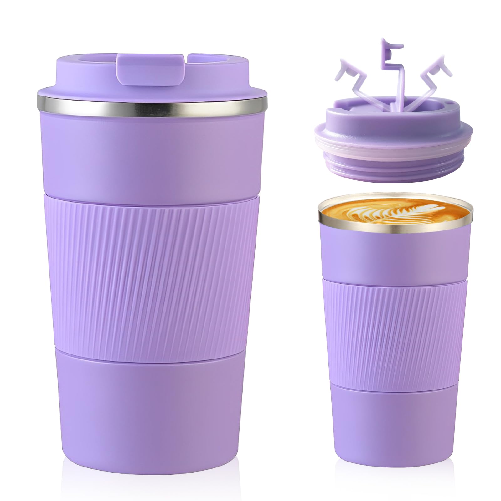 Senshuomy Travel Mug, Insulated Coffee Cup with Leakproof Lid, Reusable Coffee Cups Travel Cup, Stainless Steel thermaol Mug for Hot Cold Drinks (Purple 380ml)