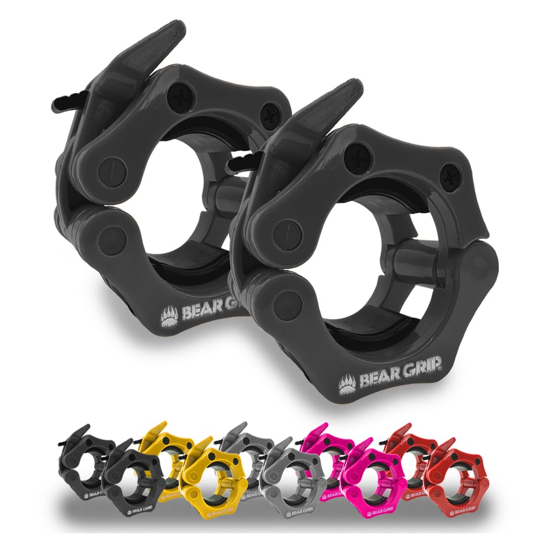 BEAR GRIP Barbell Clamps Collars - Pair of Quick Release Weight Barbell Clips for Weight Lifting, Crossfit, Strength Training Barbells (Black, 2 Inch / 50mm)