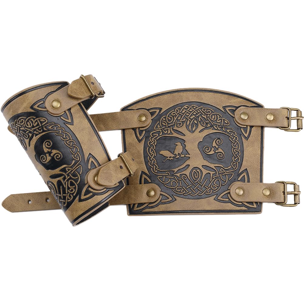 GORGECRAFT 2PCS Leather Gauntlet Wristband Medieval Armor Bracers World Tree Embossed Viking Leather Arm Guard Adjustable Armband Armor Cuff for Halloween Adult Knight Cosplay Costumes, Dark Goldenrod