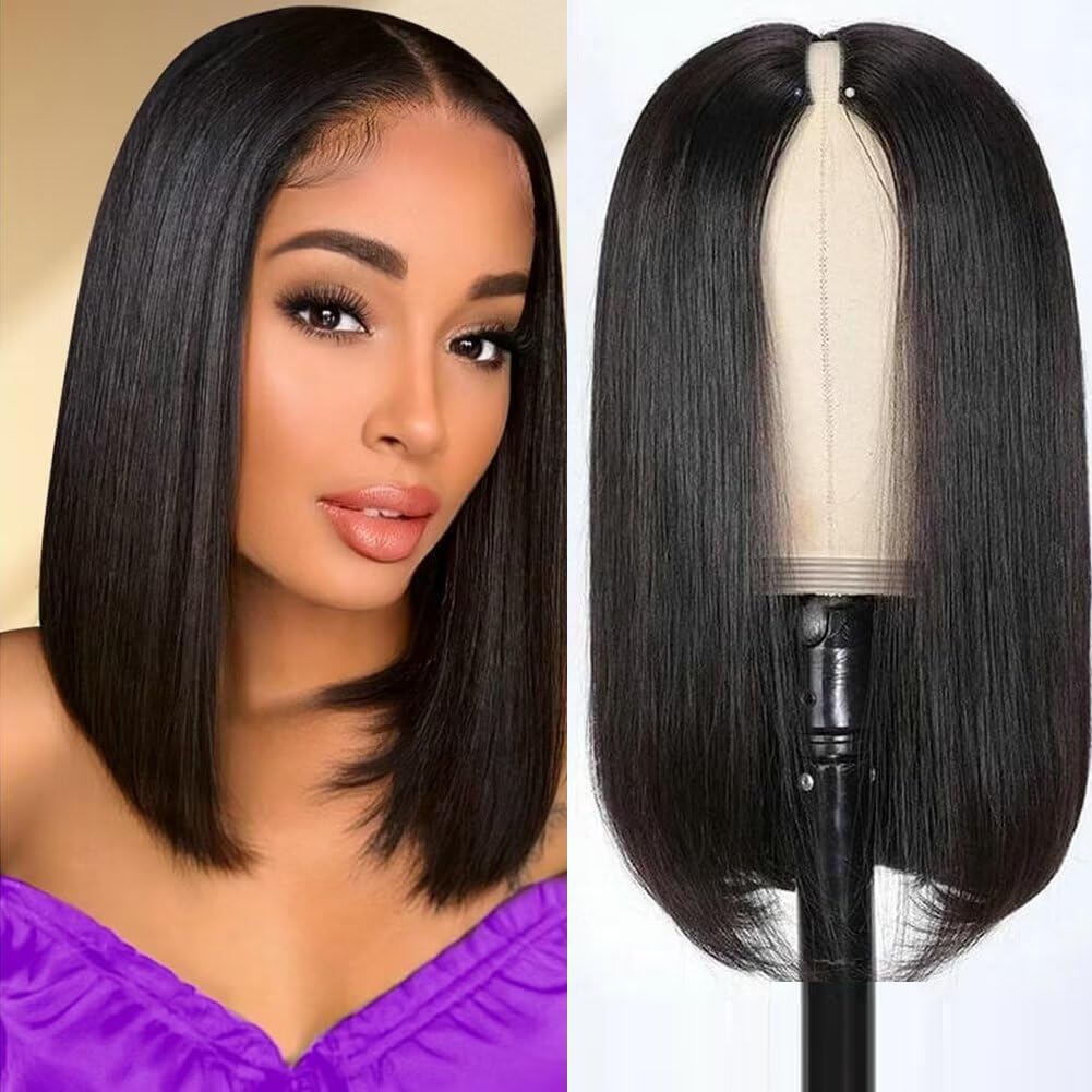Straight Human Hair Wig V Part Wig Bob Glueless Wigs For Black Women U Part Bob Wigs Natural Black Color 12 Inch — image 1