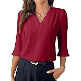 EVALESS Women's 3/4 Sleeve Tops Dressy Casual Pleated V Neck Business Work Blouses Office Shirts
