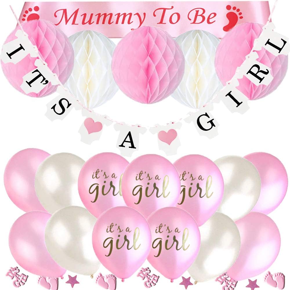Baby Party Decorations for Girl, Mummy to Be Sash, “IT'S A GIRL Banner”, 6pcs Honeycomb Balls, Confetti, 25pcs 12” Balloons - Pink