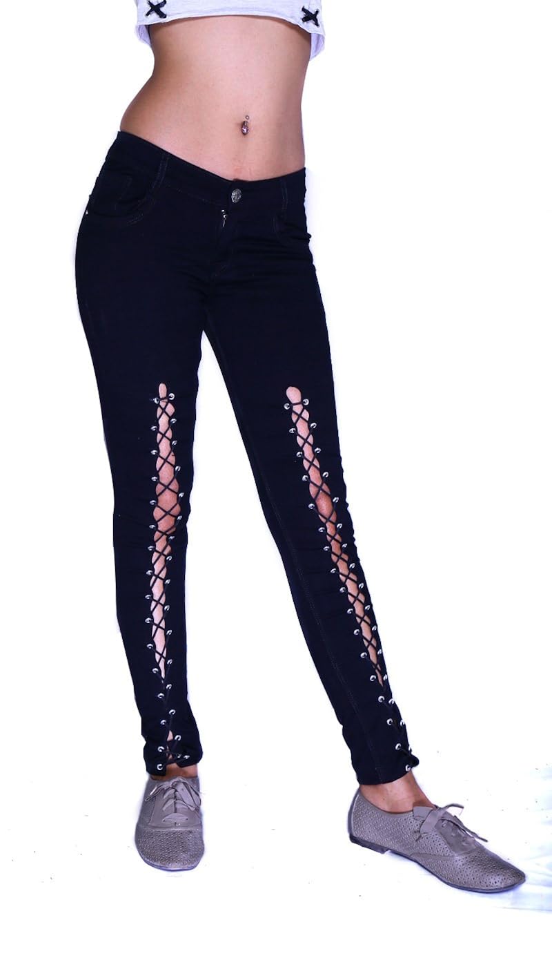 lace up front black jeans