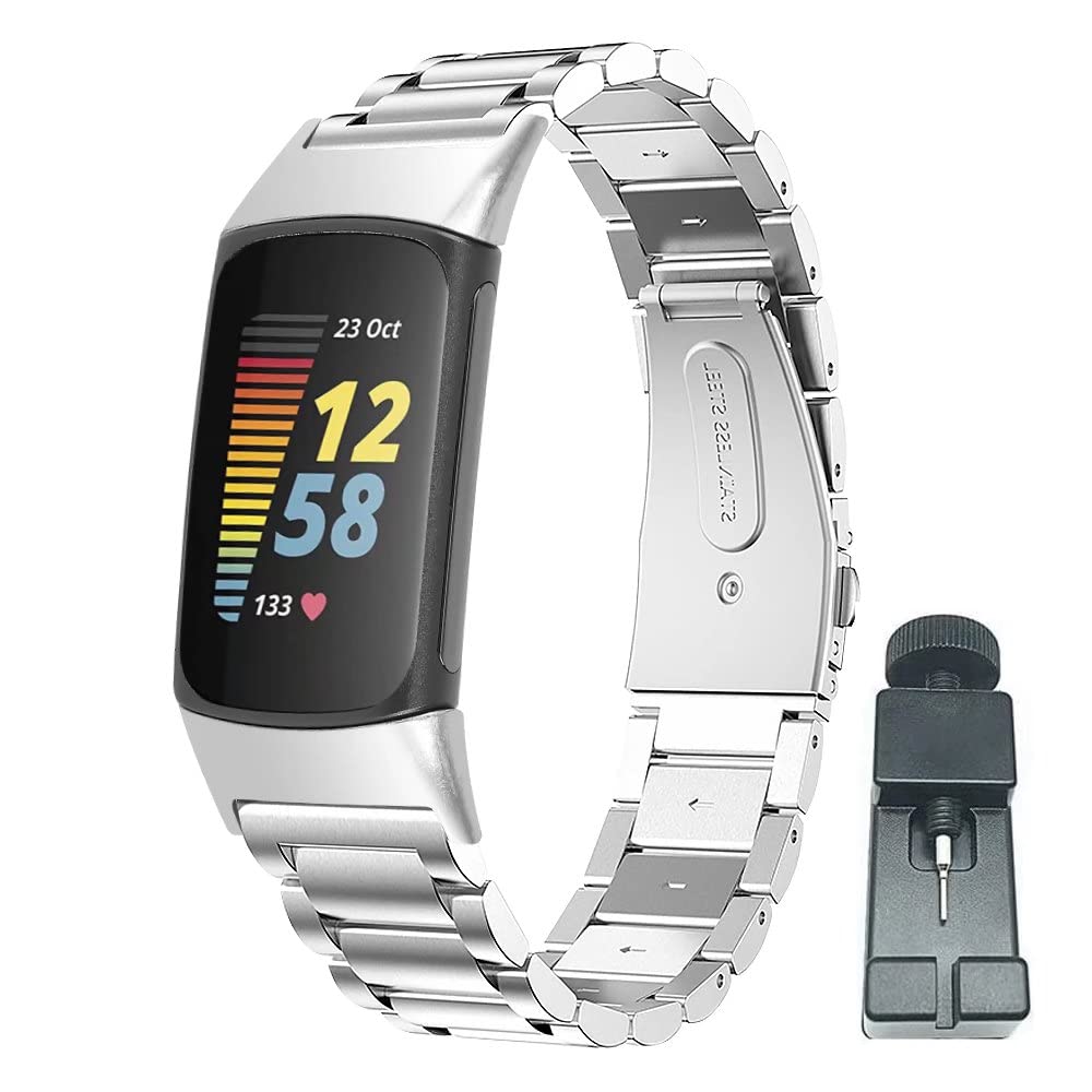 nuosiweilang Metal Replacement Strap Compatible with Fitbit Charge 5 Strap,Adjustable Stainless Steel Watch Band Wirstband for Women Man,Small Large,Silver
