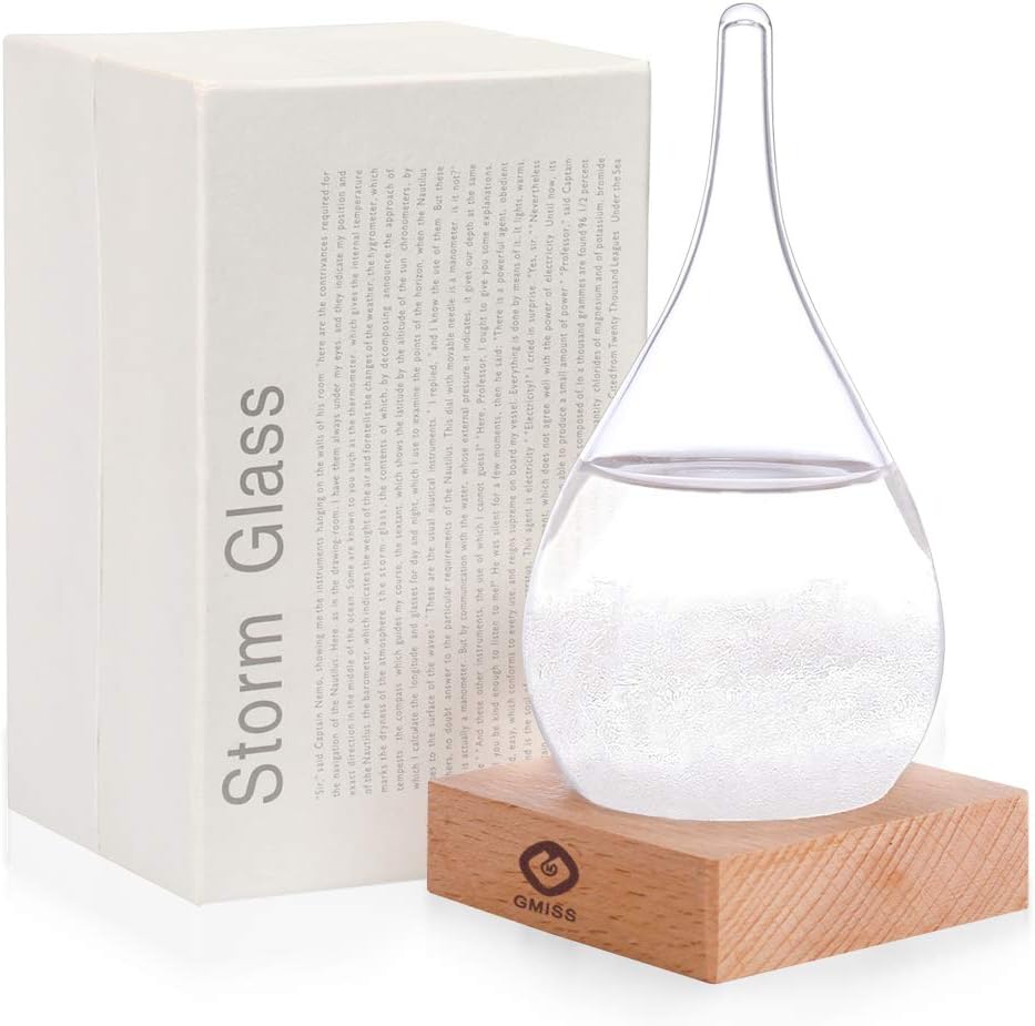 Storm Glass Weather Predictor-Teardrop Shaped Barometer with Wooden Base for Natural Weather Forecasting- Predicts Weather Changes and Patterns