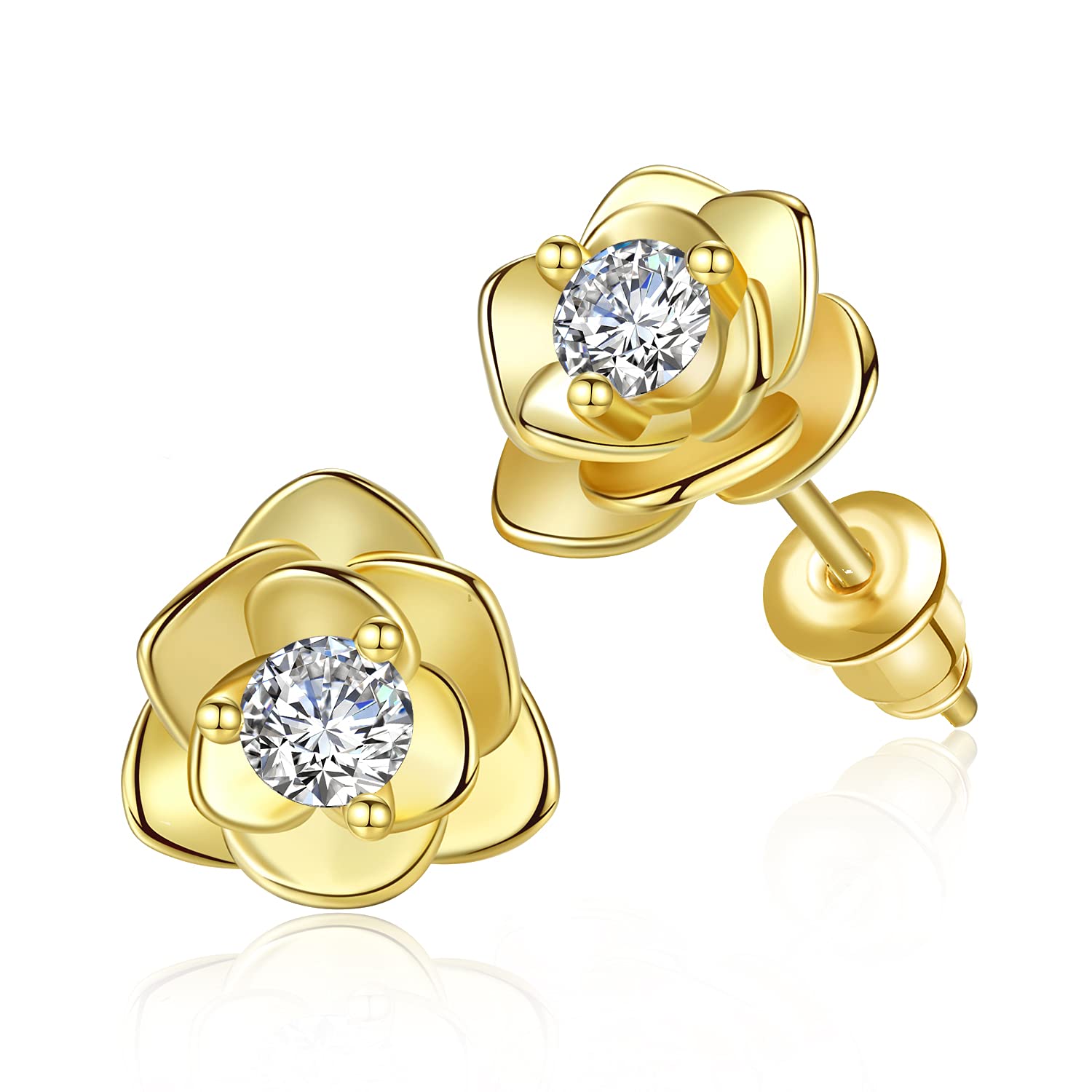 14K Gold Plated Rose Flower Stud Earrings for Women Cubic Zirconia Stud Earrings