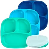 Re-Play Toddler Plates with Dividers - Deep-Walled 3 Compartments Divided Plates for Kids with 1 Lid - Dishwasher & Microwave Safe - Made in USA - Set of 3-7.37" x 7.37" x 1.25