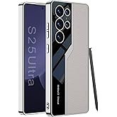 Furwabo Leather Case for Samsung Galaxy S25 Ultra, Ultra Thin Sports Car Design, Luxury Electroplate Leather with Silicone TPU Protective Shockproof Cover for Samsung Galaxy S25 Ultra (White)