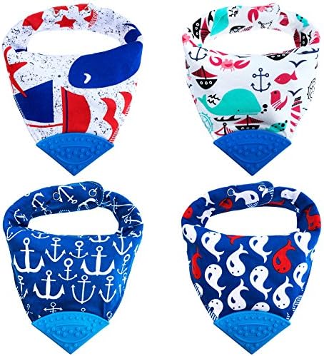 Honey Molly Baby Bandana Bibs for Teething and Drooling - 4 Pack Soft Drool Bibs for Boys and Girls - BPA-FREE Food Grade Silicone Teether, Adjustable Nickel-Free Snaps - 100% Organic Cotton (Blue)