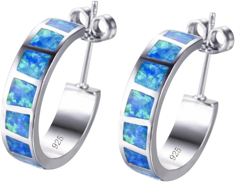 925 sterling Silver Hoop Earring,,Blue and White Opal Stud Hoop Wedding Earring For Girls(Blue)