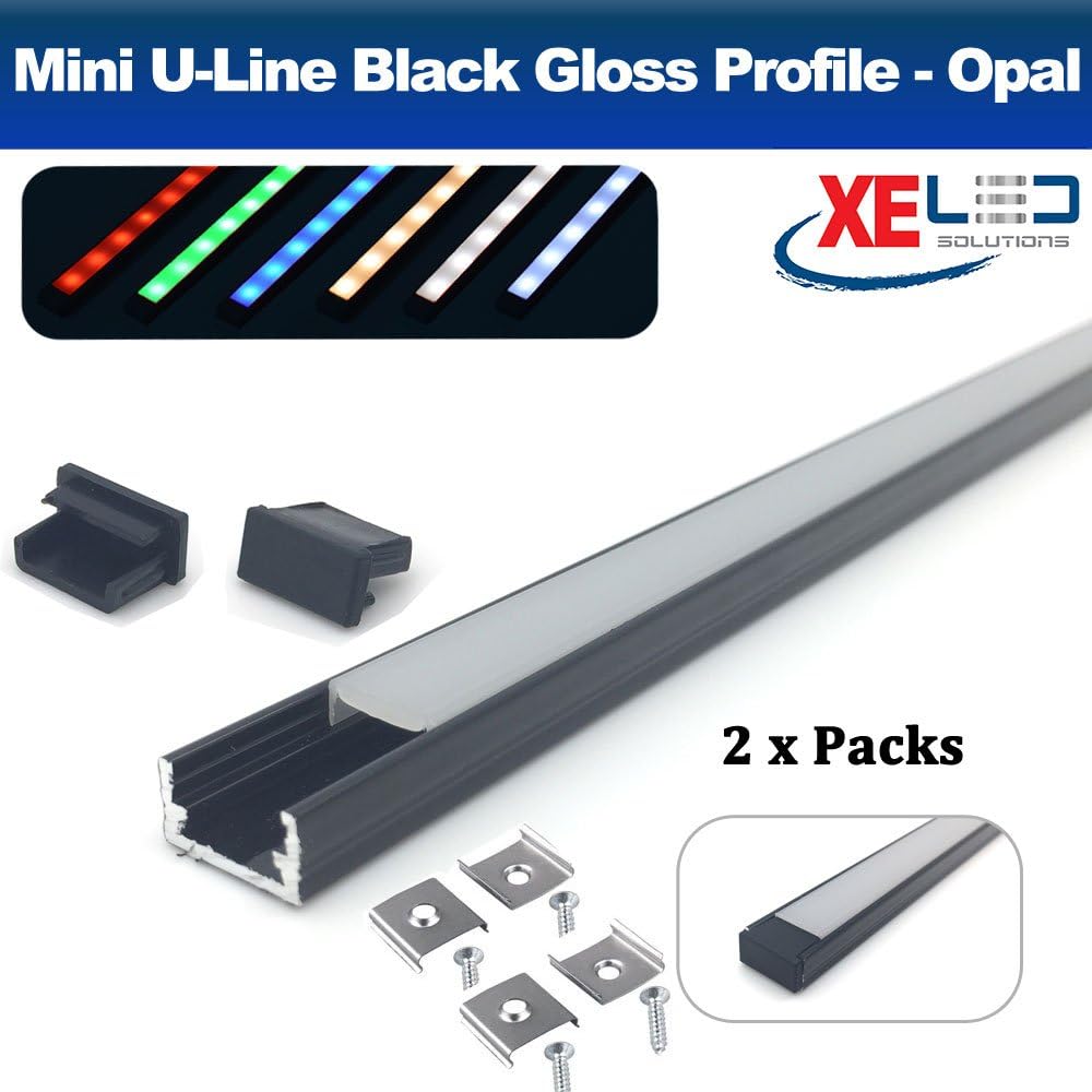 (2 x Packs) 2 Meter BLACK GLOSS Mini U-Line Aluminium LED Profile/Extrusion / Channel with Opal (Milky) Diffuser for Mounting Flexible LED Strip Lighting