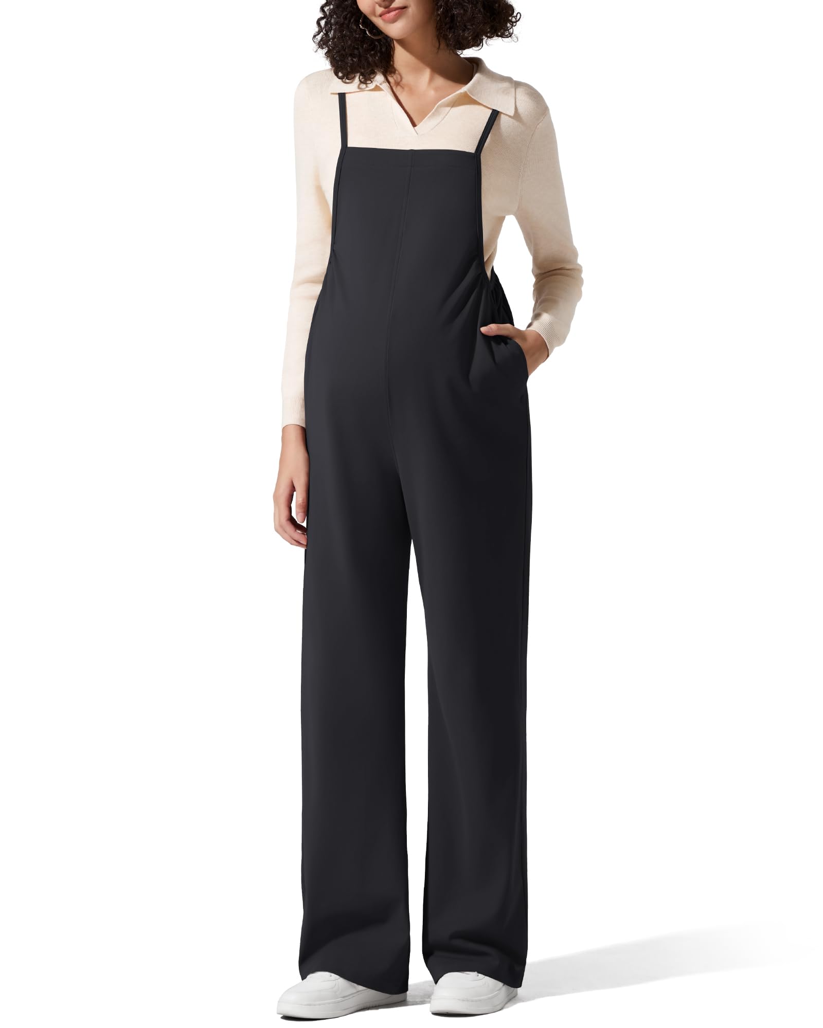 G4Free Maternity Jumpsuits Adjustable Spaghetti Strap Wide Leg Pregnancy Overalls Casual Workout Pants with Pockets(Black,M,Regular)