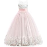 Weileenice Big/Little Girls Lace Bridesmaid Dress Flower Girl Wedding Formal Vintage Kids Pageant Party Tulle Dresses