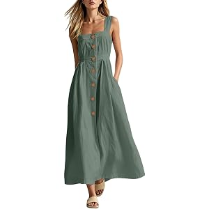 Carydety Women's Linen Sleeveless Maxi Dress Square Neck Boho Long Dress Spaghetti Strap Beach Vacation Sundress with Pockets